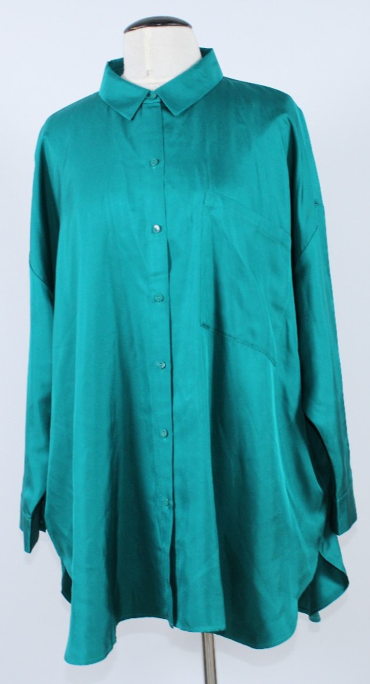 A6 Auth EILEEN FISHER Rainforest Green Silk Twill Classic Collar Shirt Size 1X